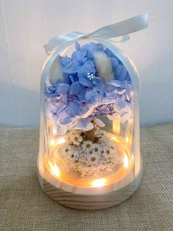 Blue preserved hydrangea dome with LED