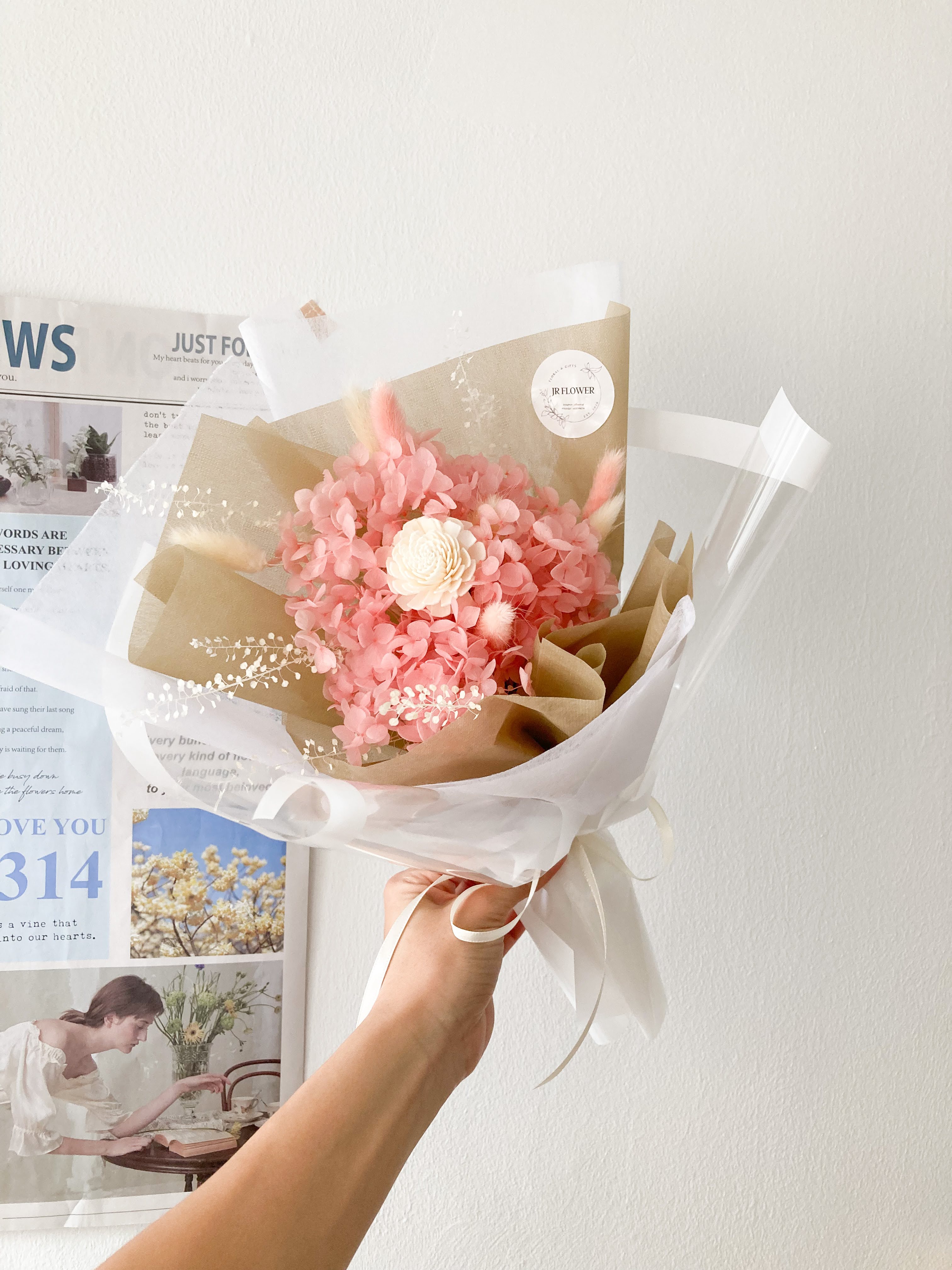 pink preserved hydrangea bouquet