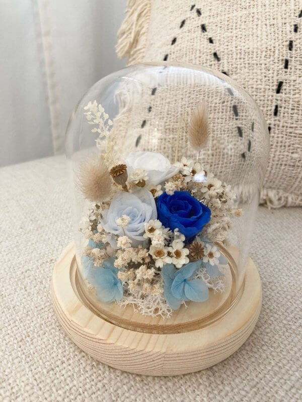 Preserved blue roses glass dome