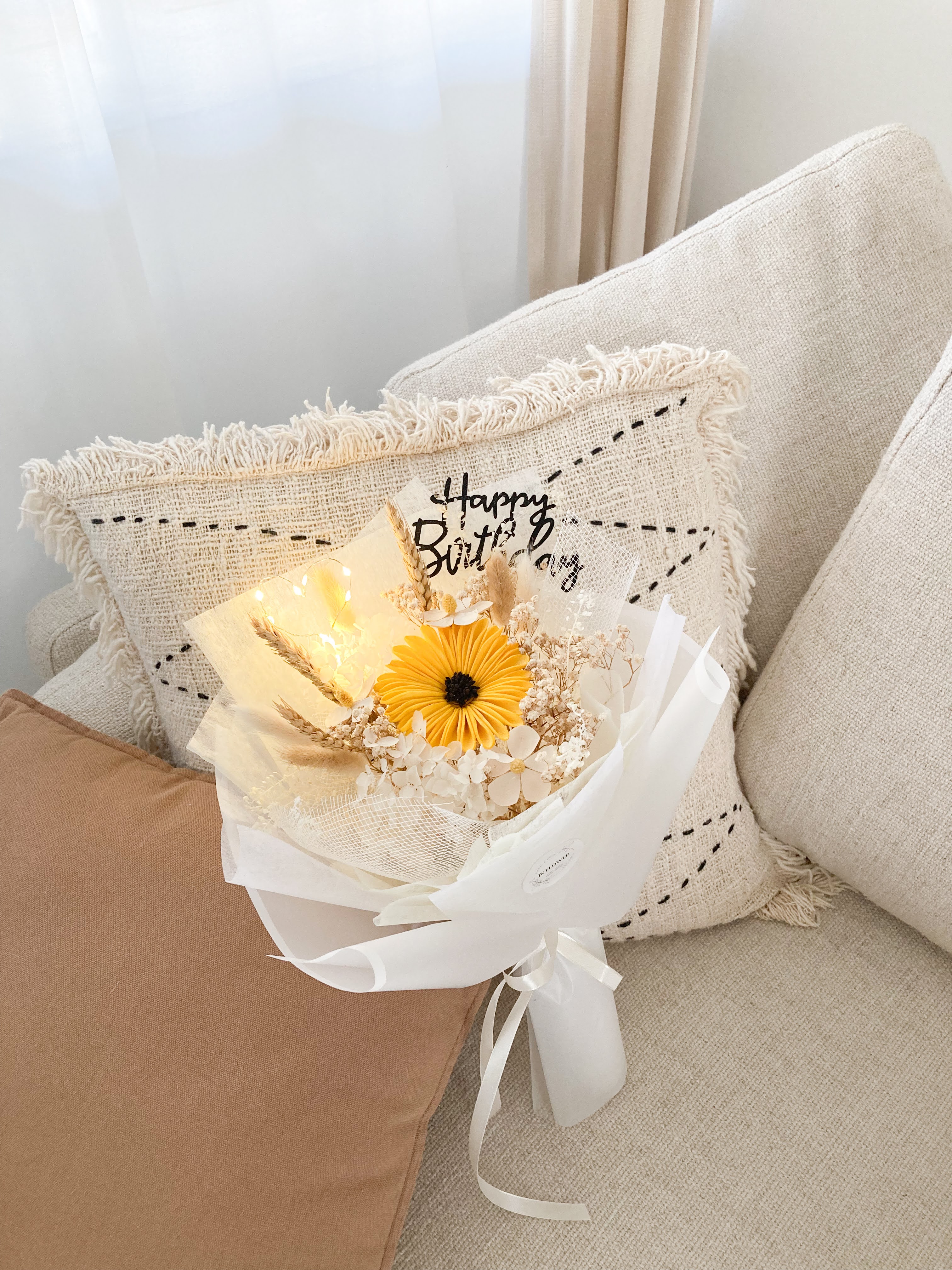 sunflower bouquet with happy birthday stick and LED light