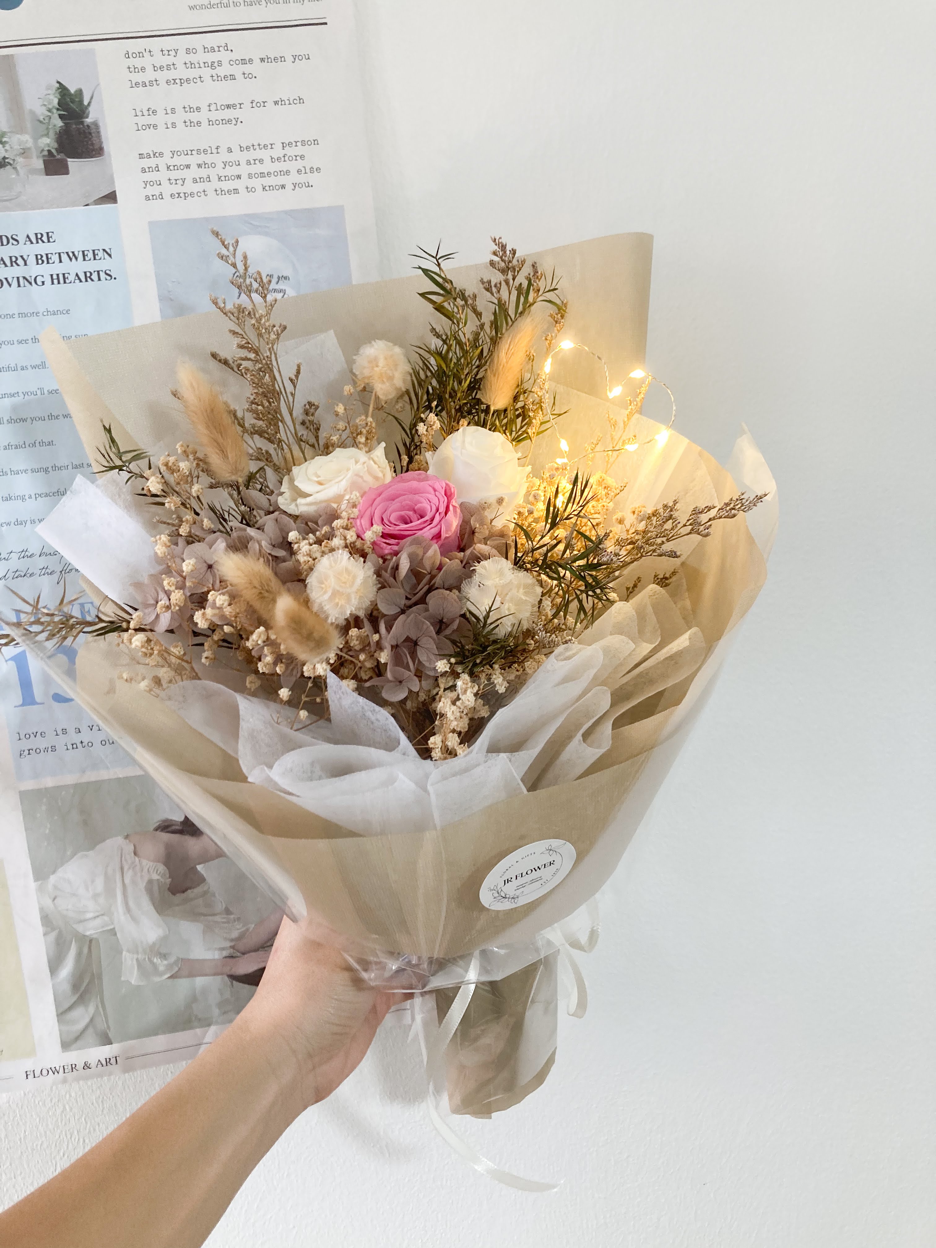 Pastel colour preserved roses flower bouquet