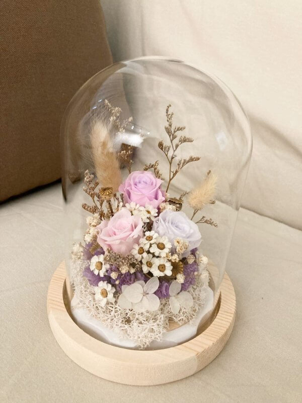 Pastel colour preserved flowers dome