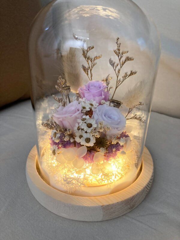 Pastel colour preserved flowers dome with light