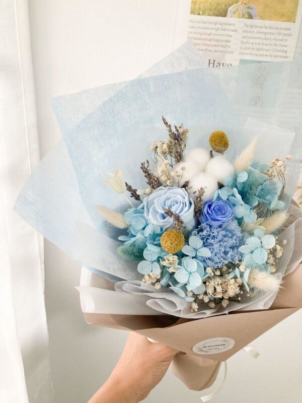 dreamy oia blue flowers bouquet