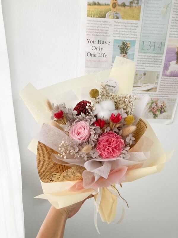 cherry berry yellow flower bouquet