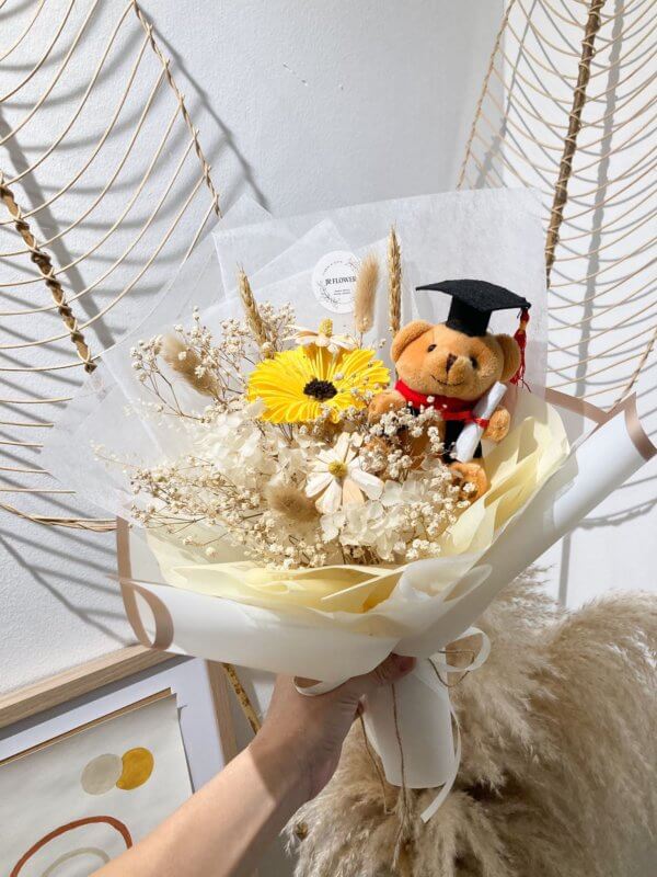 handmade sunflower bouquet with bear