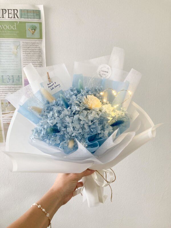 Blue colour hydrangea bouquet with LED